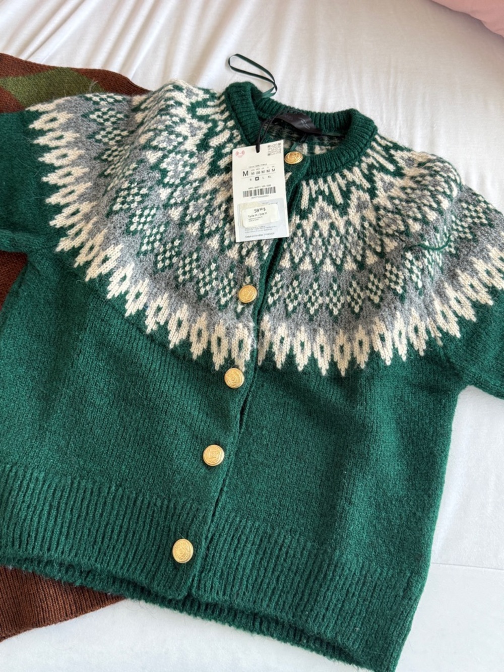 Zara Green Fair Isle Knit Cardigan with Gold Buttons